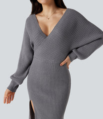 V-neck Batwing Long Sleeve Split Bodycon Midi Work Sweater Dress
