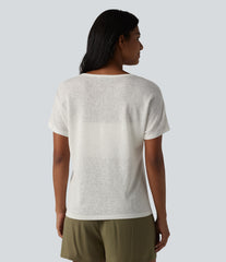 Semi Sheer V-neck Short Sleeve Lyocell Casual T-Shirt
