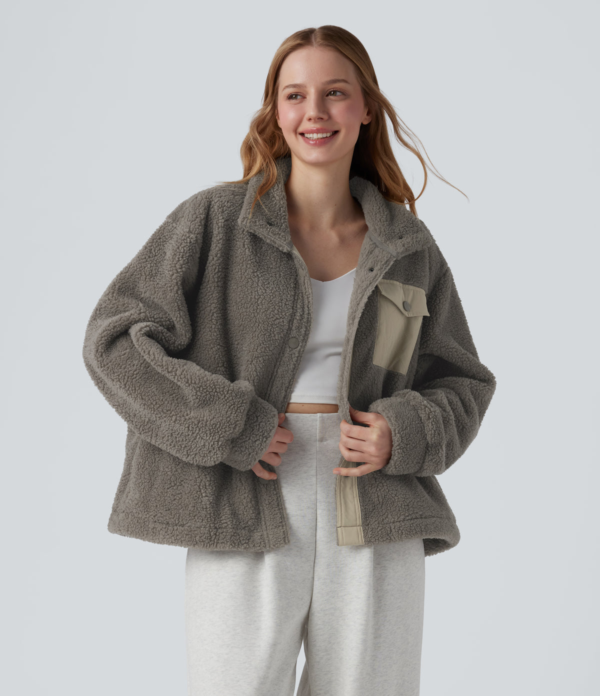 Stand Collar Long Sleeve Hiking Sherpa Jacket with Pockets