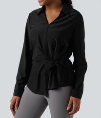 Collar Long Sleeve Tie Asymmetrical Hem Work Blouse