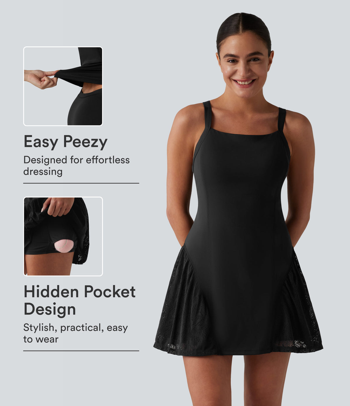 SoftlyZero™ Airy Crisscross Back Contrast Lace Built-in Bra InstantCool Tennis Active Dress with Pockets-Easy Peezy-UPF50+