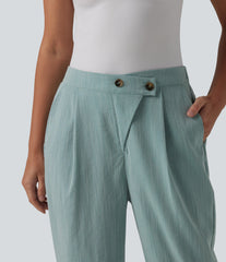 Asymmetric High Waisted Tapered Work Linen-Feel Pants with Pockets
