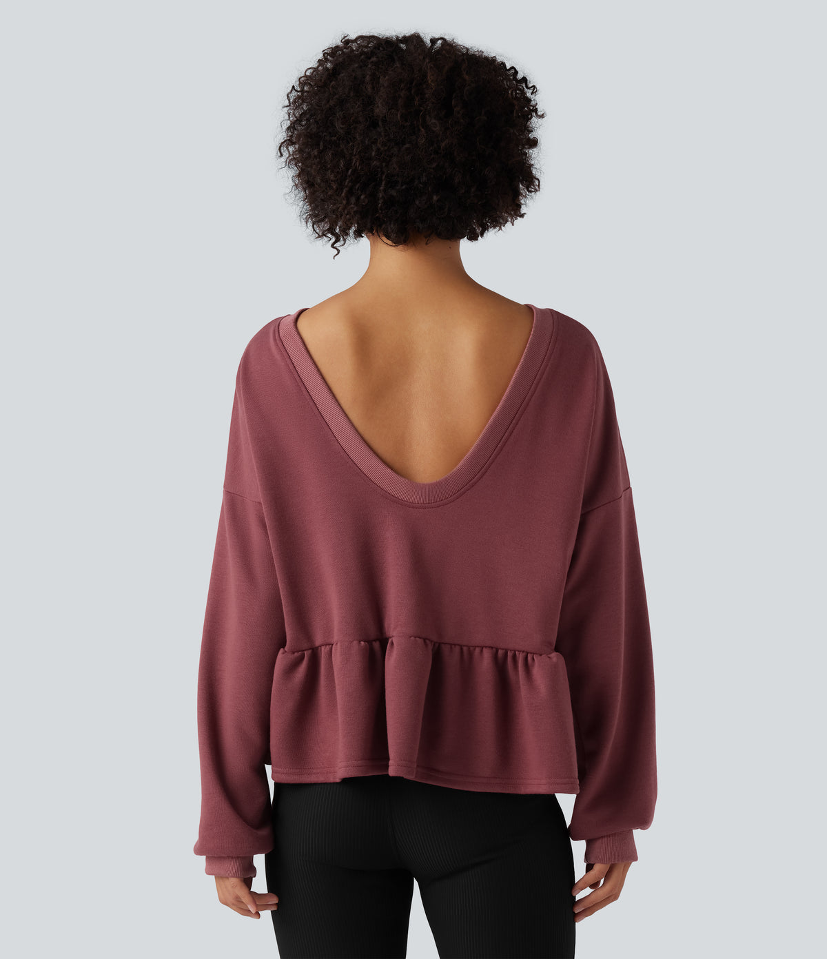 V Back Long Sleeve Ruffle Hem Casual Sweatshirt