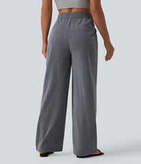 Asymmetric Mid Rise Pleated Casual Linen-Feel Baggy Pants with Pockets
