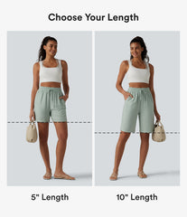 High Waisted Drawstring Casual Linen-Blend Baggy Shorts 5'' with Pockets