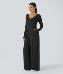 V Neck Long Sleeve Pocket Wide Leg Casual Jumpsuit