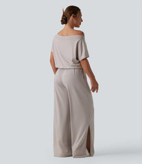 One-shoulder Short Sleeve Split Hem Casual Jumpsuit with Pockets-Easy Peezy