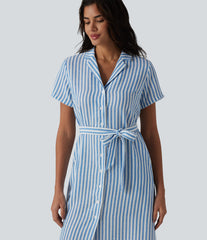 Collar Short Sleeve Belted Midi Stripe Linen-Feel Work Shirt Dress with Pockets
