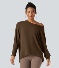 Scoop Neck Long Sleeve High-Low Oversized Thermal Casual Top