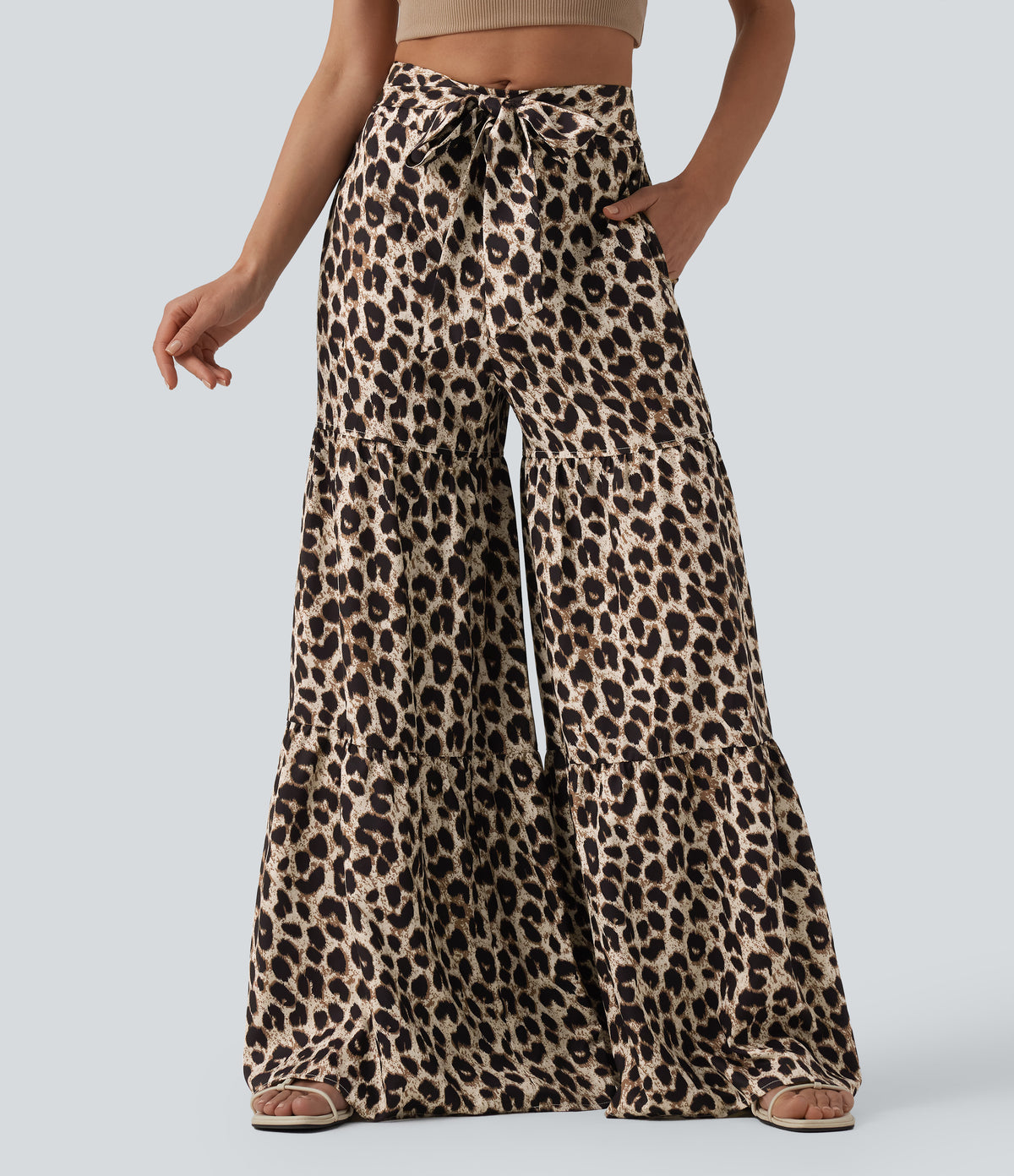 Mid Rise Tie Front Baggy Leopard Print Casual Pants with Pockets