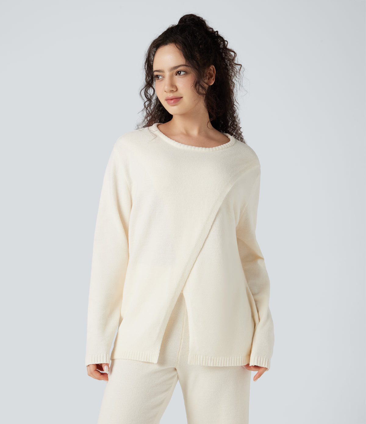 Round Neck Long Sleeve Sweater Knit Lounge Top