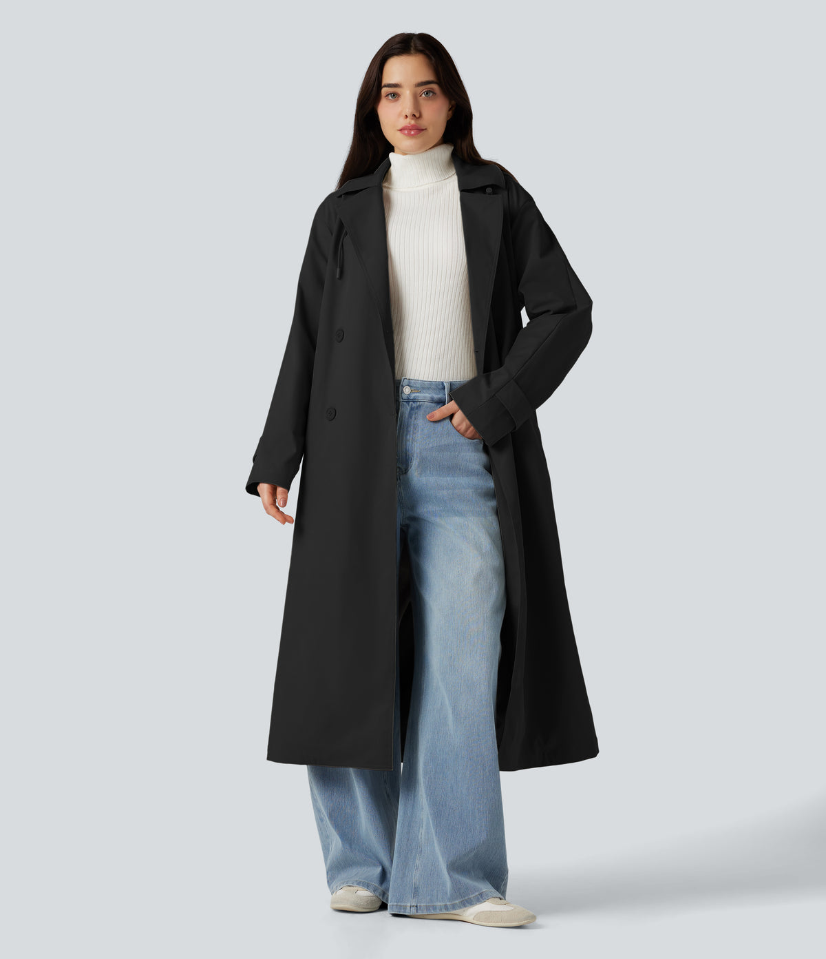 Removable Hood Notched Collar Long Sleeve Belted Longline Casual Anorak Jacket with Pockets