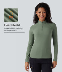 Packable Half Zip Long Sleeve Fleece Casual Sports Top with Pocket
