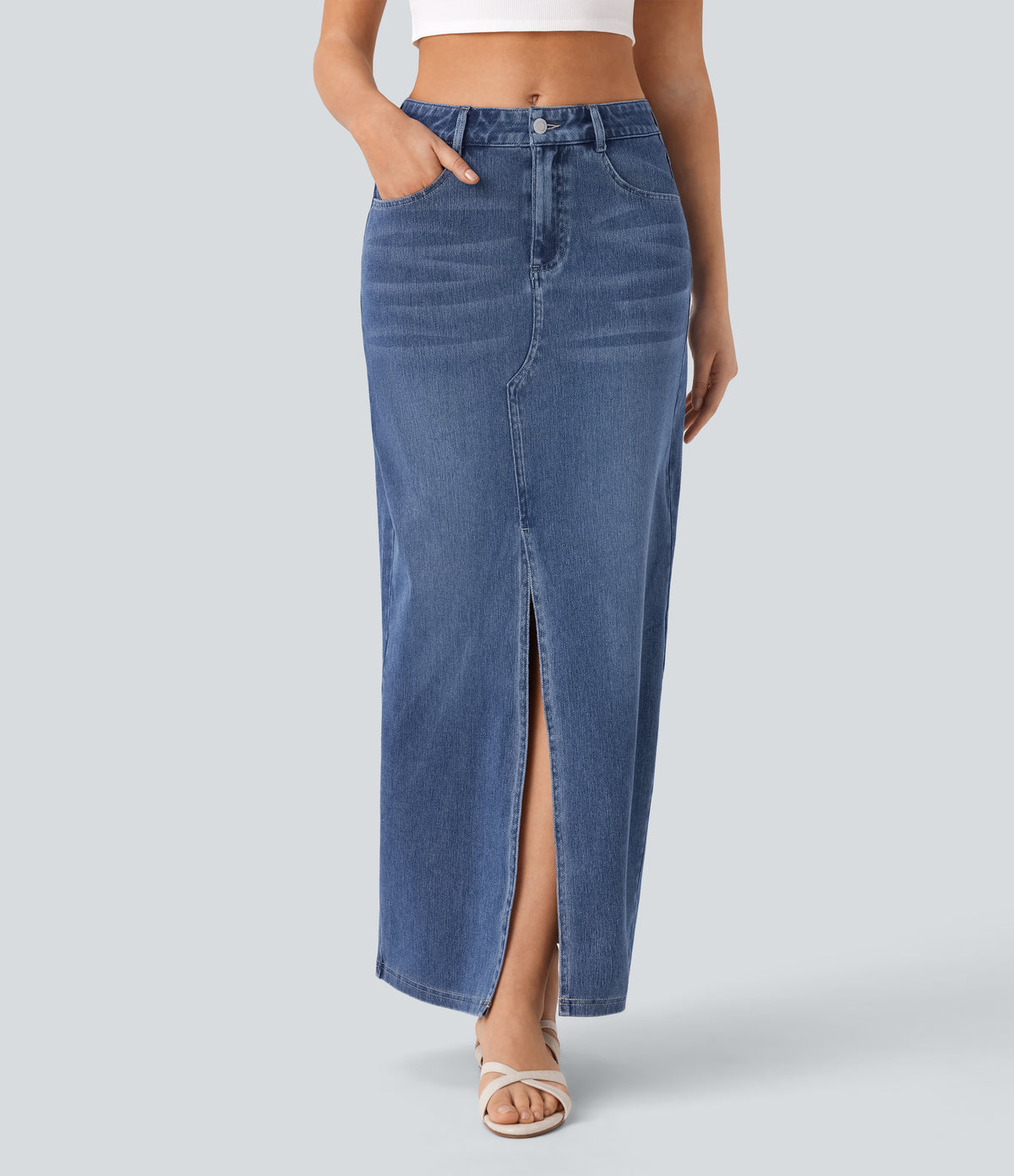 Halara Flex™ Mid Rise Pockets Straight Maxi Washed Denim Casual Skirt