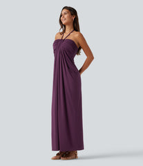Halter Tie Back Built-in Bra Maxi Dress with Pockets DD-F Cups