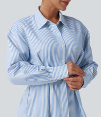 Long Sleeve Belted Stripe Mini Casual Shirt Dress