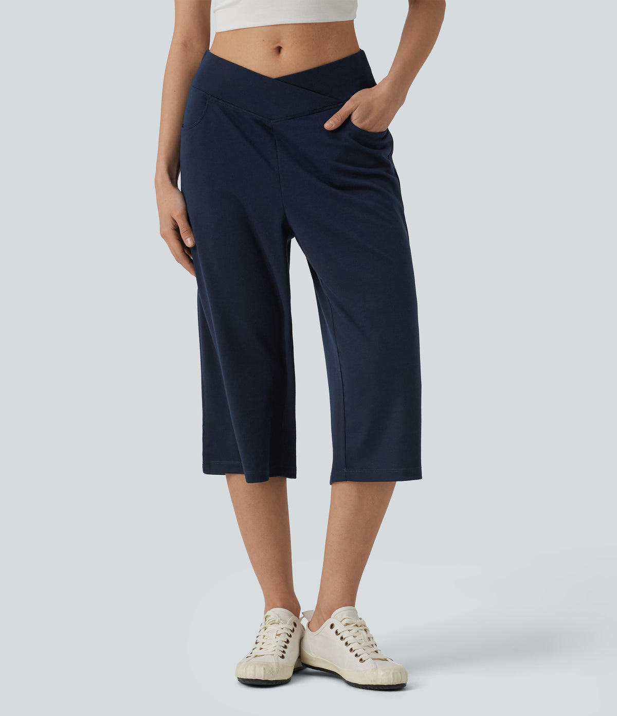 Mid Rise Crossover Wide Leg Capri Casual Pants with Pockets