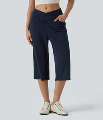 Mid Rise Crossover Wide Leg Capri Casual Pants with Pockets