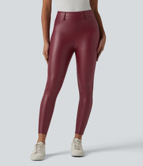 High Waisted Stretchy PU Casual 7/8 Leggings with Pockets
