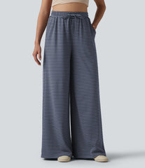 Ribbed Knit Stripes High Waisted Drawstring Casual Baggy Pants with Pockets