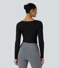 U Neck Long Sleeve Snap Skinny Work Bodysuit