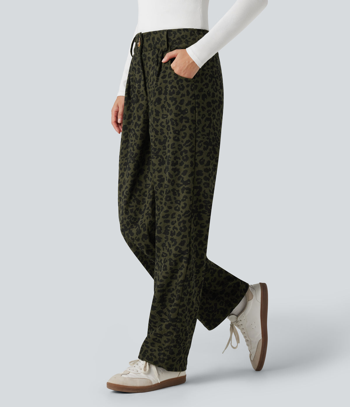 Mid Rise Leopard Print Corduroy Casual Straight-leg Pants with Pockets