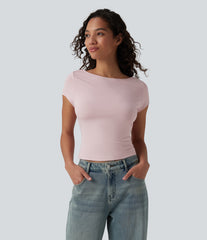 Boat Neck Short Sleeve Cowl Back Casual T-Shirt
