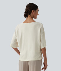 V Neck Half Sleeve Casual Linen-Feel Top