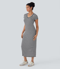 V Neck Stripe Midi Casual T-Shirt Dress