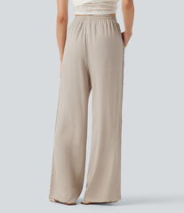 High Waisted Drawstring Casual Linen-Feel Pants with Pockets