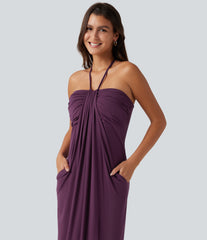 Halter Tie Back Built-in Bra Maxi Dress with Pockets DD-F Cups