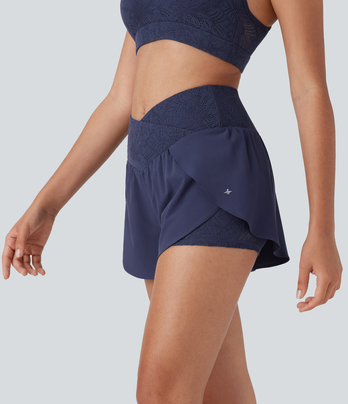 Breezeful™ High Waisted Crossover 2-in-1 Pocket Contrast Lace Quick Dry Yoga Shorts 3''