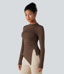 Long Sleeve Ruched Split Hem Casual T-Shirt
