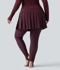 Breezeful™ High Waisted Pleated 2-in-1 Contrast Mesh Quick Dry Dance Plus Size Stirrup Skirted Leggings with Pockets