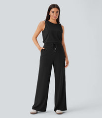 Round Neck Sleeveless Keyhole Back Drawstring Pocket Casual Jumpsuit