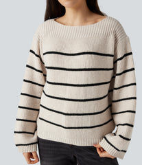 Boat Neck Long Sleeve Stripes Work Sweater