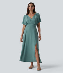 V Neck Short Sleeve Midi Casual Linen-Feel Dress with Pockets