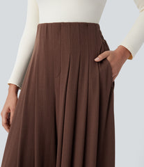Ribbed Knit High Waisted Pleated Pocket Flowy Wide Leg Casual Pants