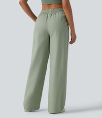 High Waisted Inner Drawstring Lyocell Linen-Blend Casual Wide Leg Pants with Pockets