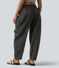 Mid Rise Leopard Print Casual Barrel Leg Pants with Pockets