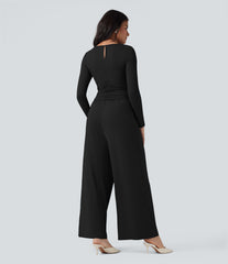 Boat Neck Long Sleeve Wide Leg Casual Jumpsuit with Pockets-Easy Peezy Edition
