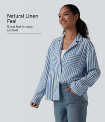 Notched Collar Long Sleeve Stripe Casual Linen-Feel Shirt with Pocket