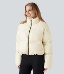 Stand Collar Drawstring Hem Casual Puffer Down Jacket with Pockets