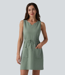 Notched Sleeveless Drawstring Waffle Mini Dress with Pockets