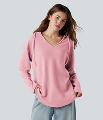 Hooded Drawstring Long Sleeve Curved Hem Waffle Casual Sweatshirt with Pocket