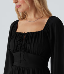 Square Neck Long Sleeve Lace Up Corset Tie Back Mini Casual Dress