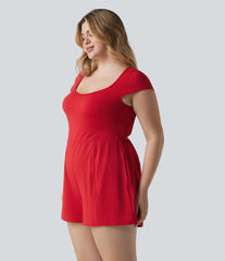 Plus Size SoftlyZero™ Airy U Neck Cap Sleeve InstantCool Yoga Romper with Pockets-Easy Peezy Edition