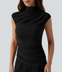 Ribbed Knit Mock Neck Ruched Asymmetric Hem Casual Tank Top