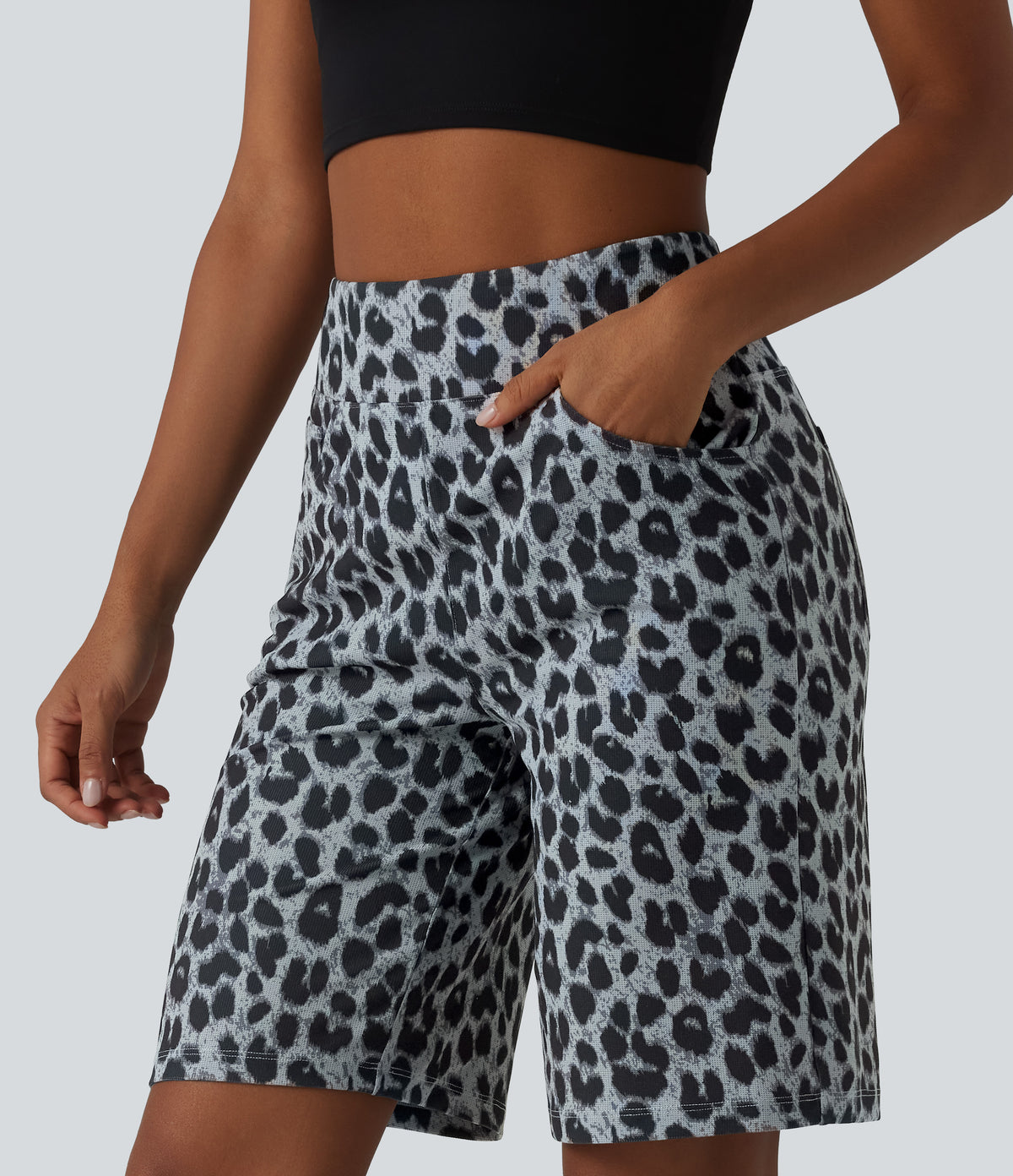High Waisted Leopard Waffle Casual Baggy Bermuda Shorts 10'' with Pockets