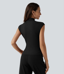 Ribbed Knit Mock Neck Ruched Asymmetric Hem Casual Tank Top